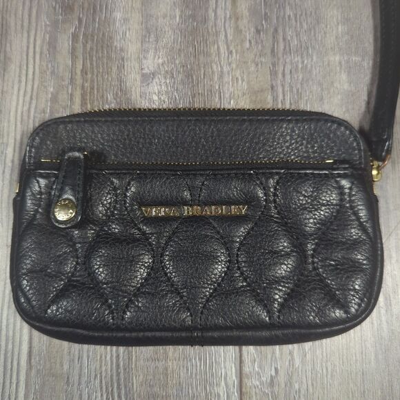 Vera Bradley Quilted Sophie Wristlet Genuine Leather Black W/ Floral Lining - Picture 3 of 12
